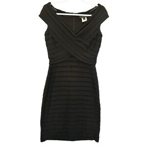 Tadashi Shoji Black Shutter Pleat Bandage Dress Sz M Cap Sleeve Cocktail Bodycon